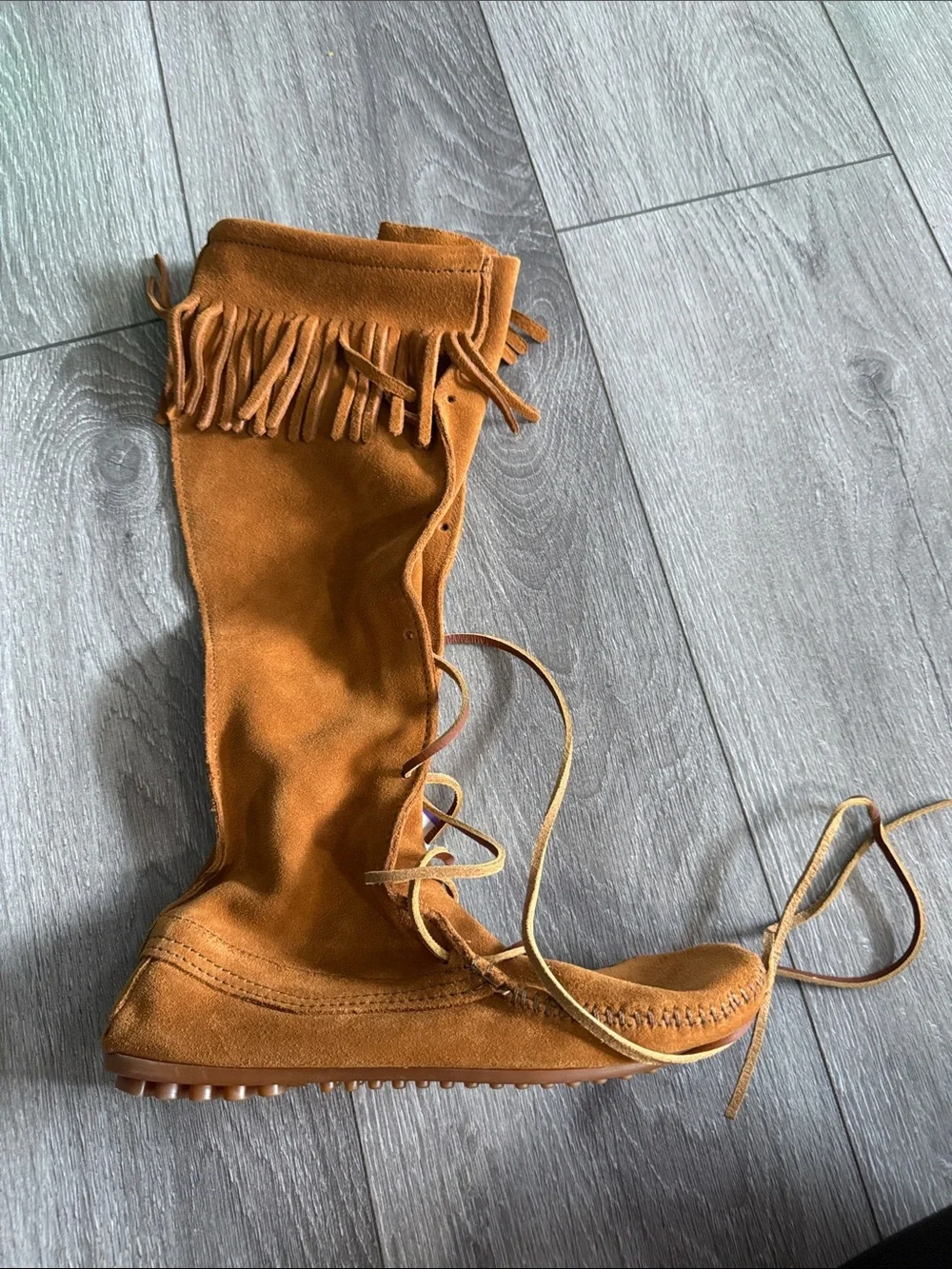Minnetonka Women's Over-the-Knee Fringe Lace-Up Boots — Brown Suede